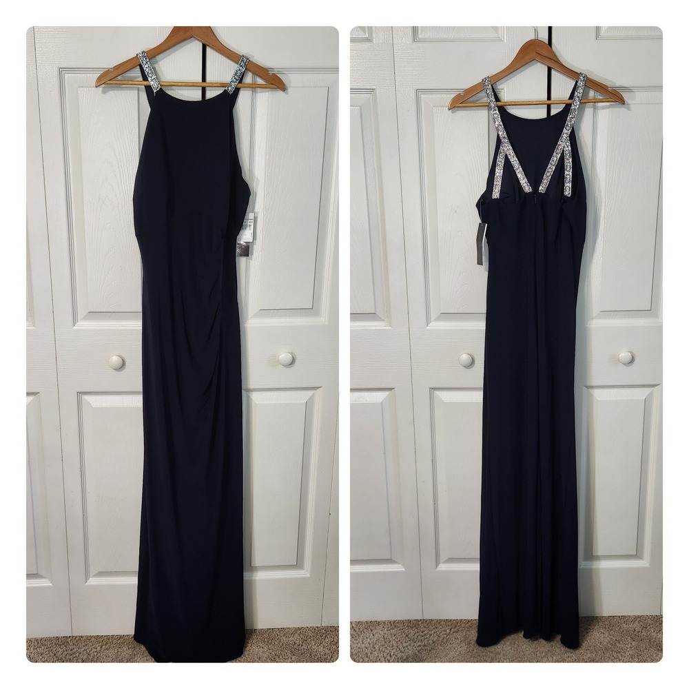 Betsy & Adam Navy Blue Rhinestone Strap Halter‎ Ruched Evening Gown Dress 12 NEW